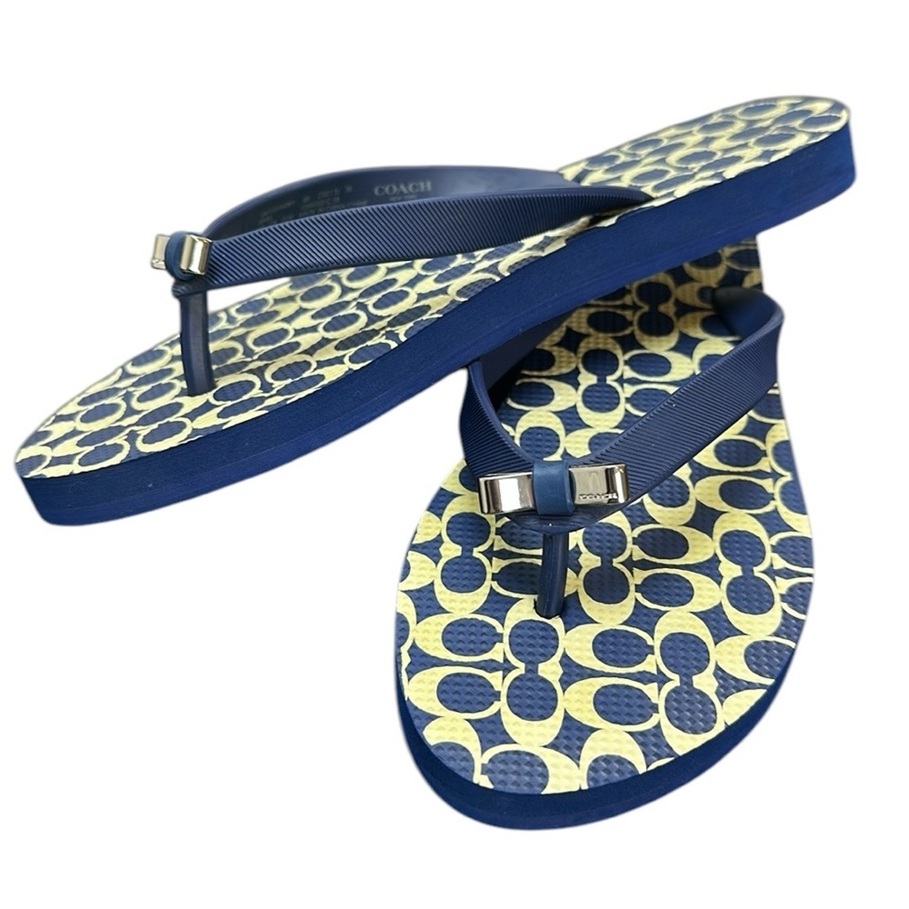 Coach Amel Navy/Tan Thong Flip Flops Size 6 B Silver Bow Detail‎ Signatur…